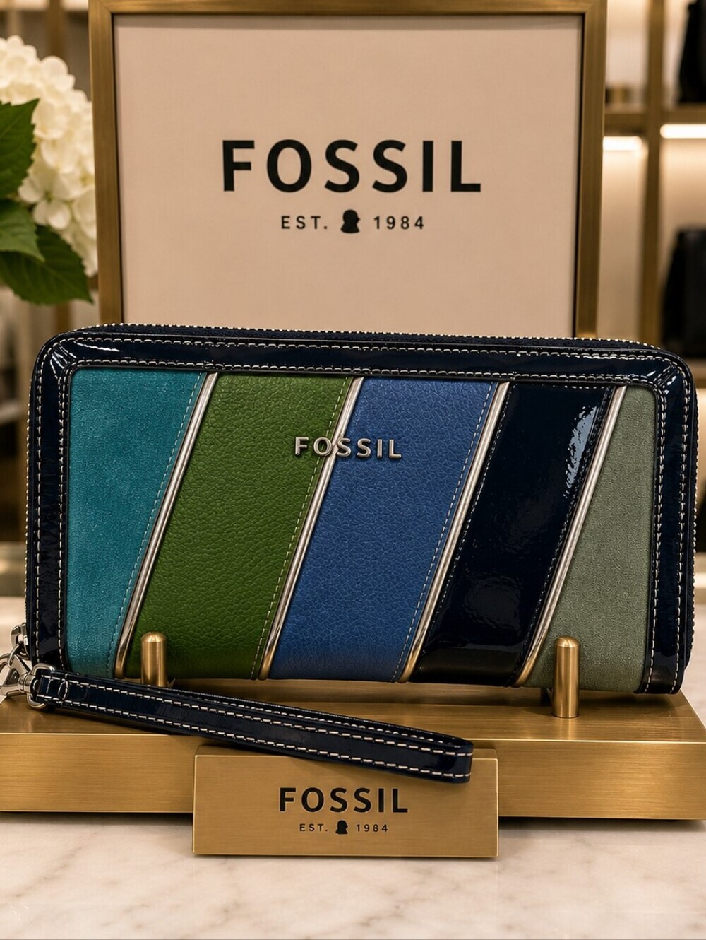 Fossil Diag Blue and Green Suede Striped Travel Long Large‎ Wallet